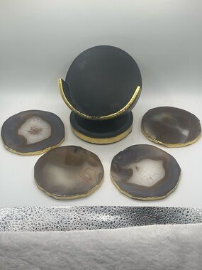 Natural Polished Agate Slice Coasters w/ Gold Electroplating Trim & Caddy Holder